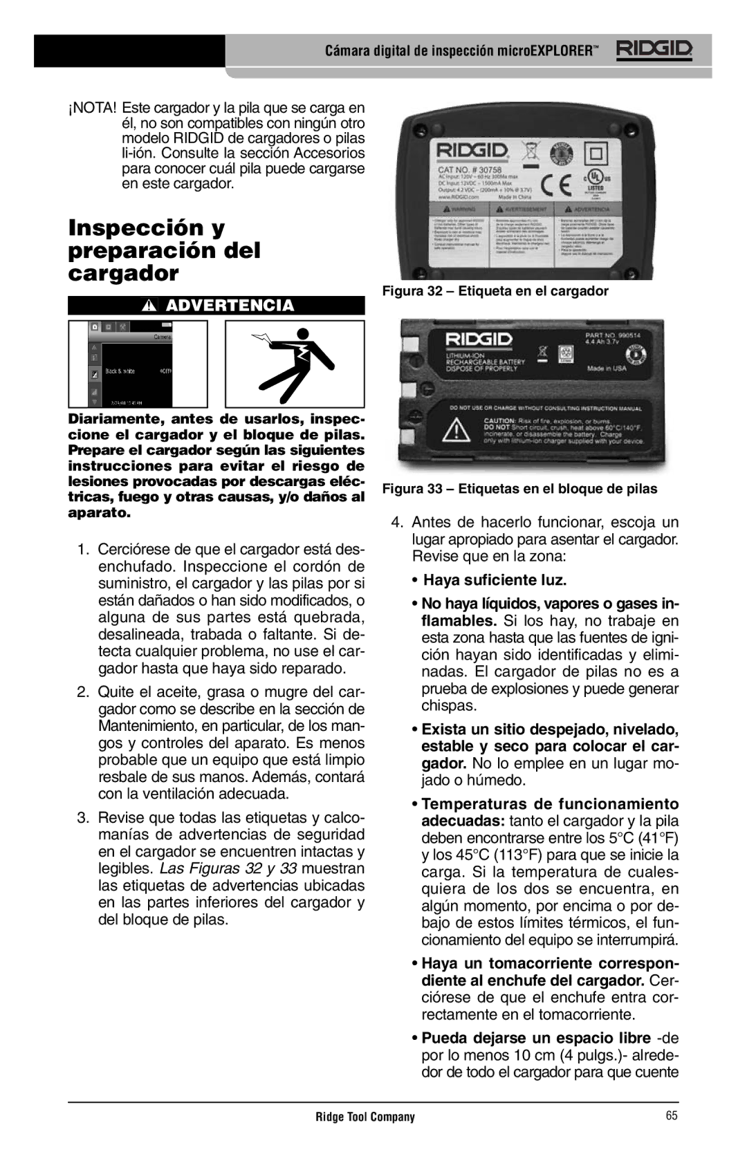 RIDGID microEXPLORER manual Inspección y preparación del cargador, Figura 32 Etiqueta en el cargador 