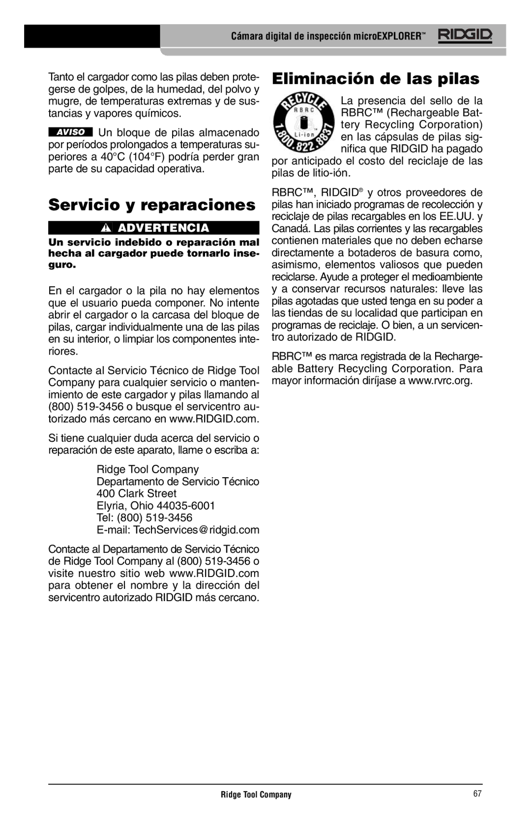 RIDGID microEXPLORER manual Servicio y reparaciones, Eliminación de las pilas 