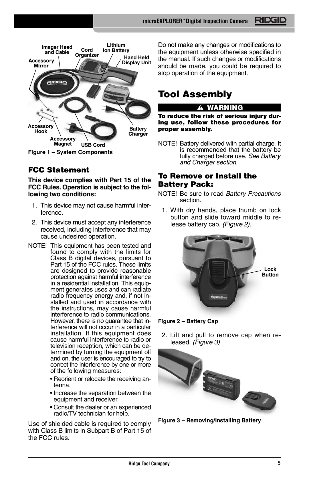 RIDGID microEXPLORER manual Tool Assembly, FCC Statement, To Remove or Install the Battery Pack 