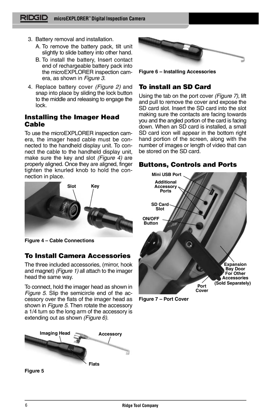 RIDGID microEXPLORER manual Installing the Imager Head Cable, To install an SD Card, Buttons, Controls and Ports 