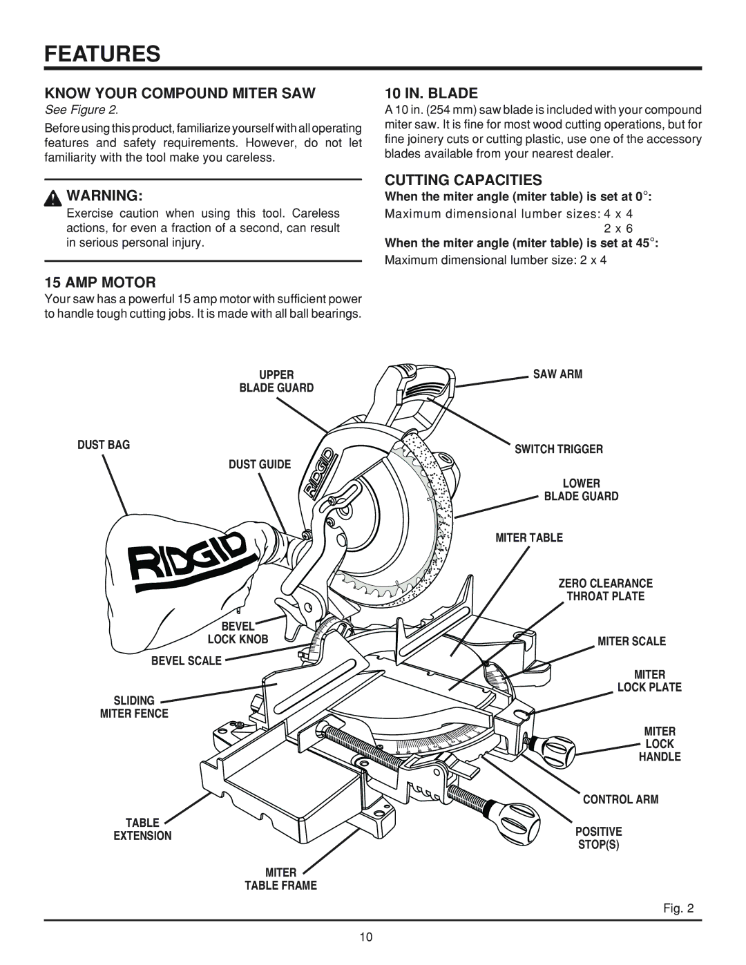 RIDGID MS 1065LZ manual Features, Know Your Compound Miter SAW, AMP Motor, 10 IN. Blade, Cutting Capacities 