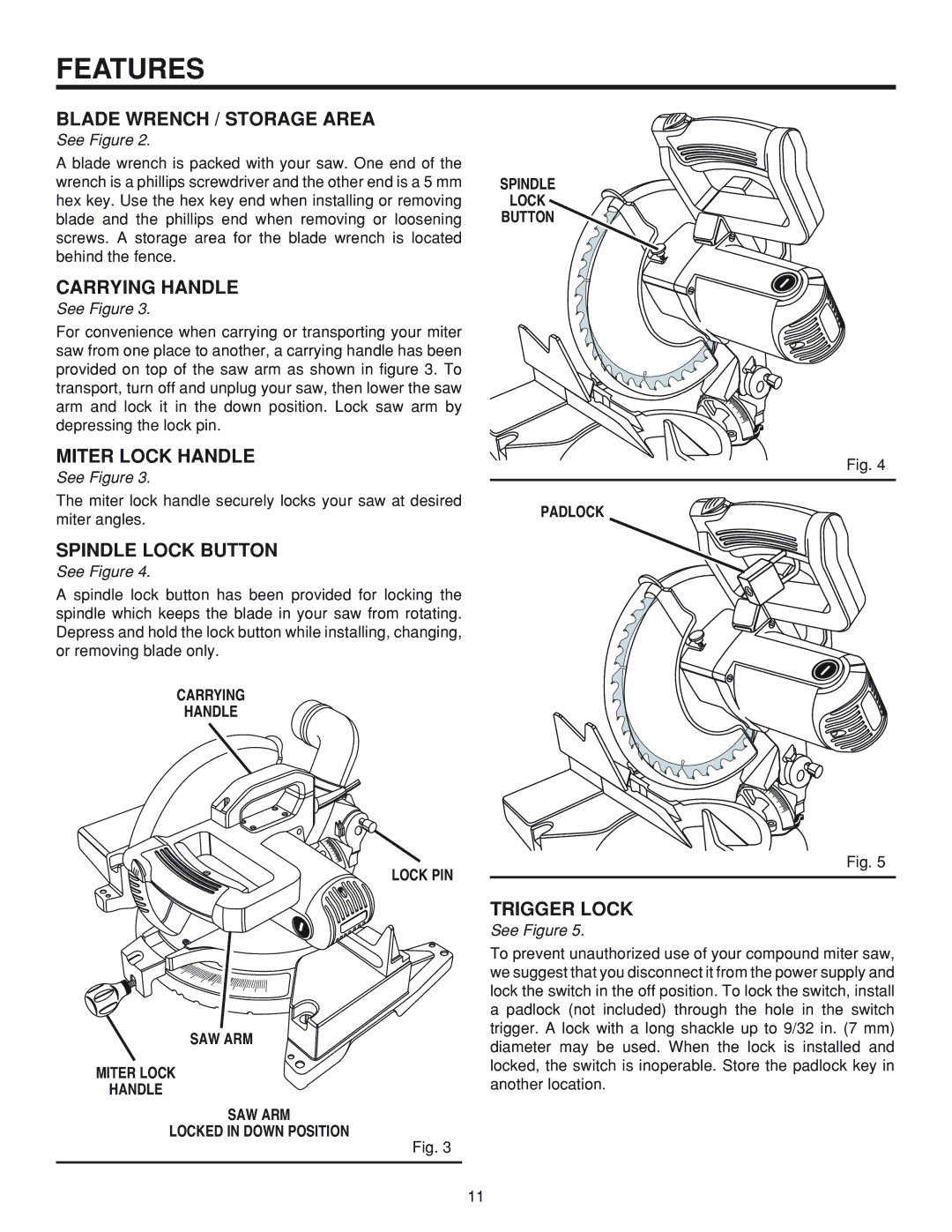 RIDGID MS 1065LZ manual Blade Wrench / Storage Area, Carrying Handle, Miter Lock Handle, Spindle Lock Button, Trigger Lock 