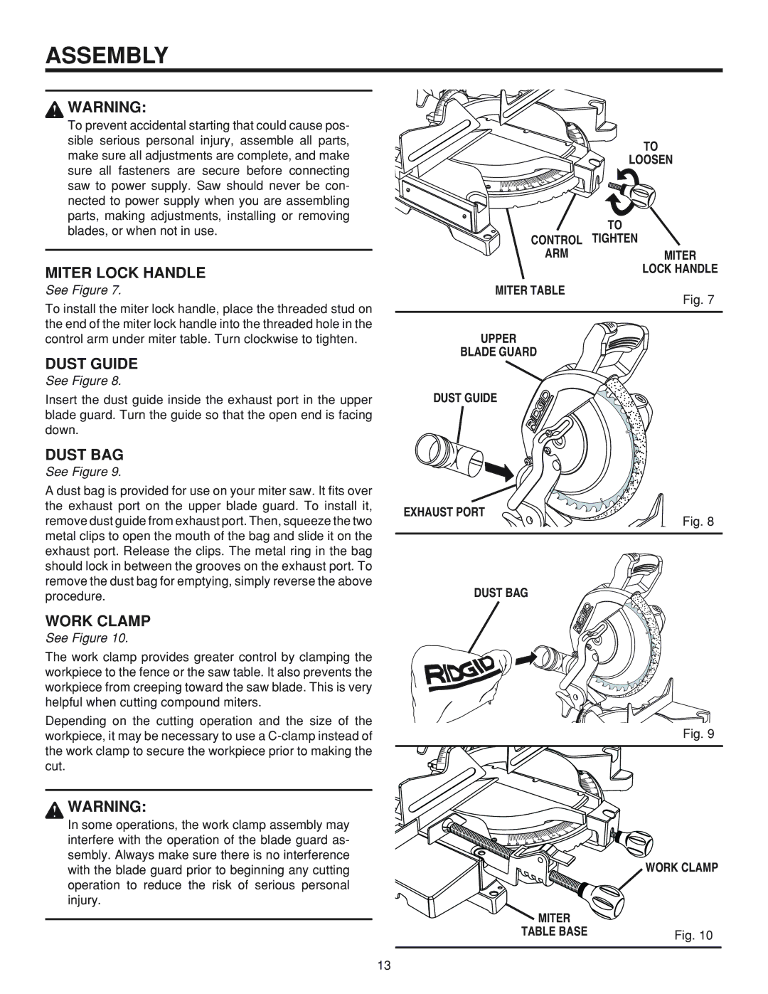 RIDGID MS 1065LZ manual Assembly, Dust Guide, Dust BAG, Work Clamp, Loosen 