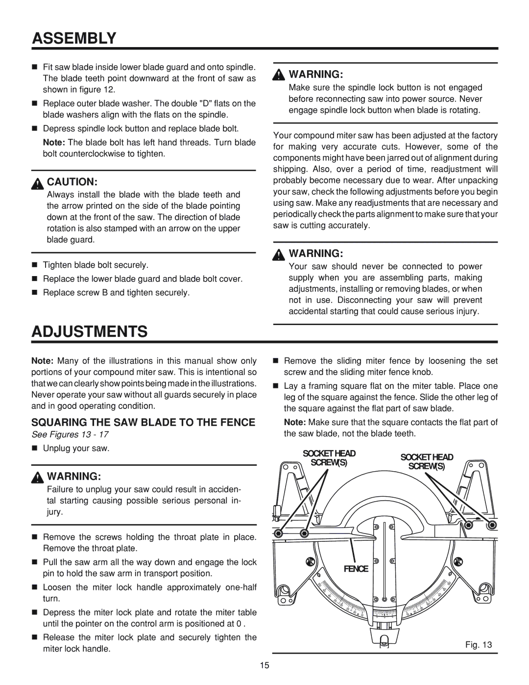 RIDGID MS 1065LZ manual Adjustments, Squaring the SAW Blade to the Fence, See Figures 13, Socket Head Screws Fence 