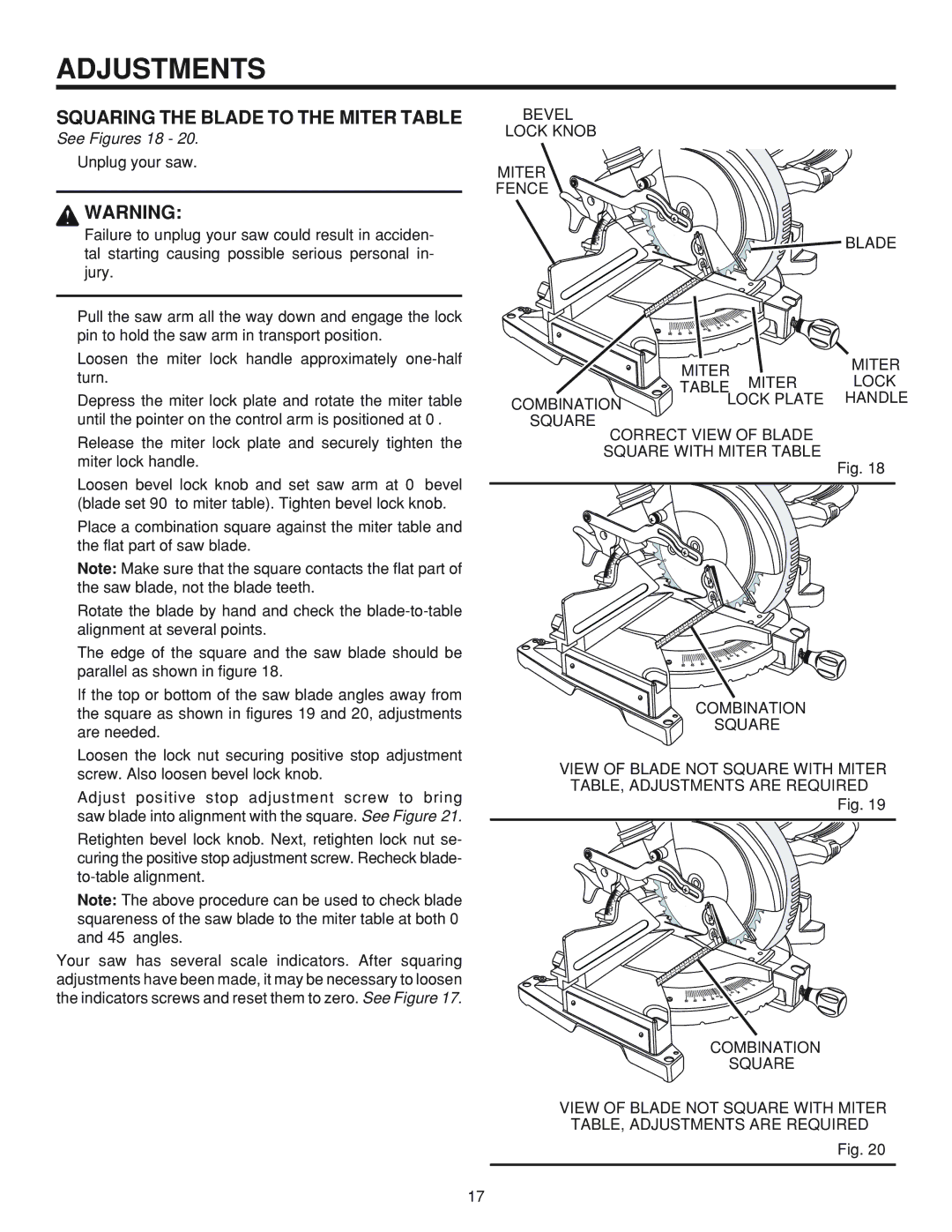 RIDGID MS 1065LZ Squaring the Blade to the Miter Table, See Figures 18, Bevel Lock Knob Miter Fence Blade, Combination 