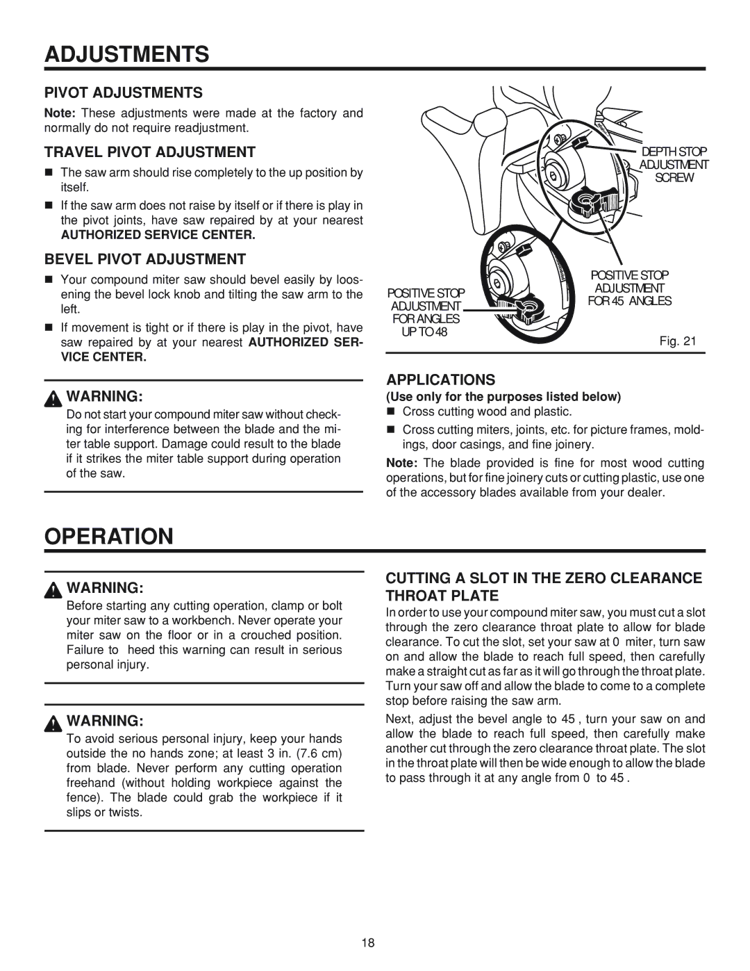 RIDGID MS 1065LZ manual Operation, Pivot Adjustments Travel Pivot Adjustment, Bevel Pivot Adjustment, Applications 