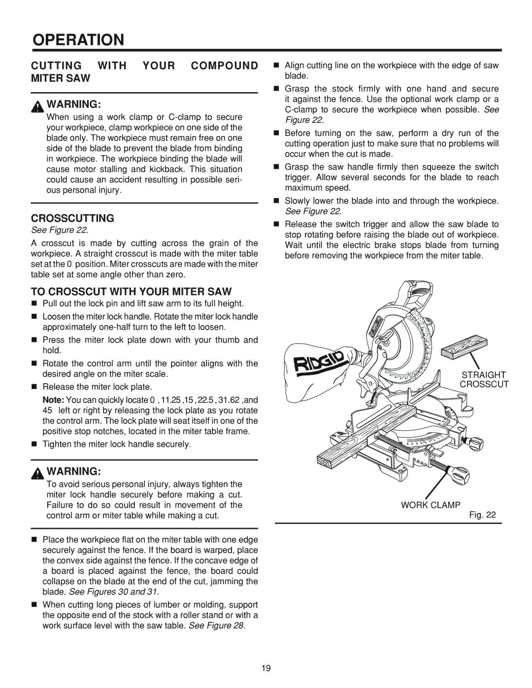 RIDGID MS 1065LZ manual Cutting with Your Compound Miter SAW, Crosscutting, To Crosscut with Your Miter SAW 