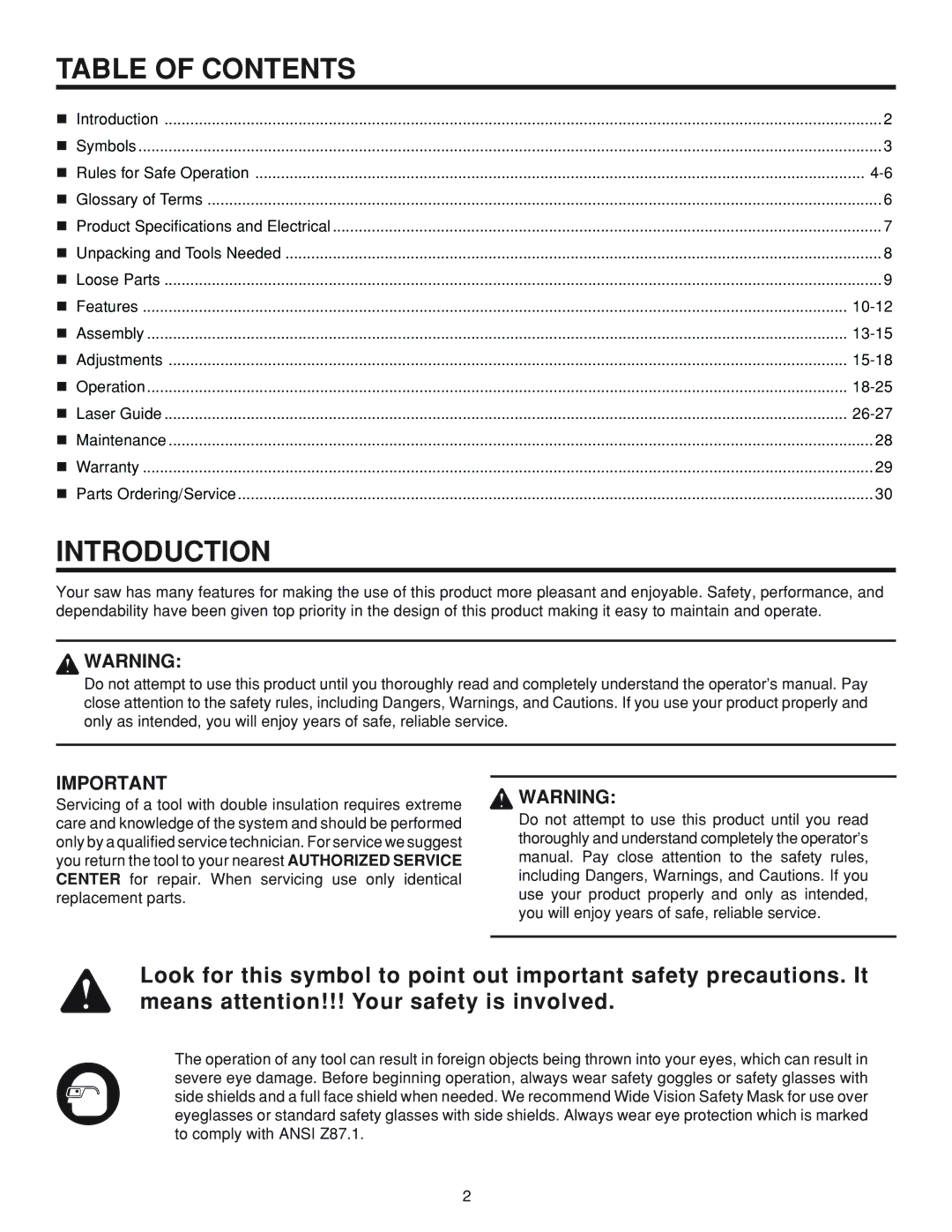 RIDGID MS 1065LZ manual Table of Contents, Introduction 