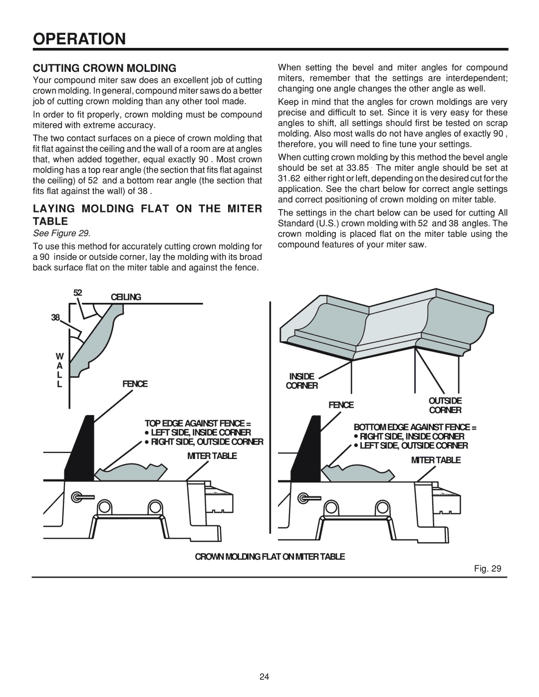 RIDGID MS 1065LZ manual Cutting Crown Molding, Laying Molding Flat on the Miter Table 