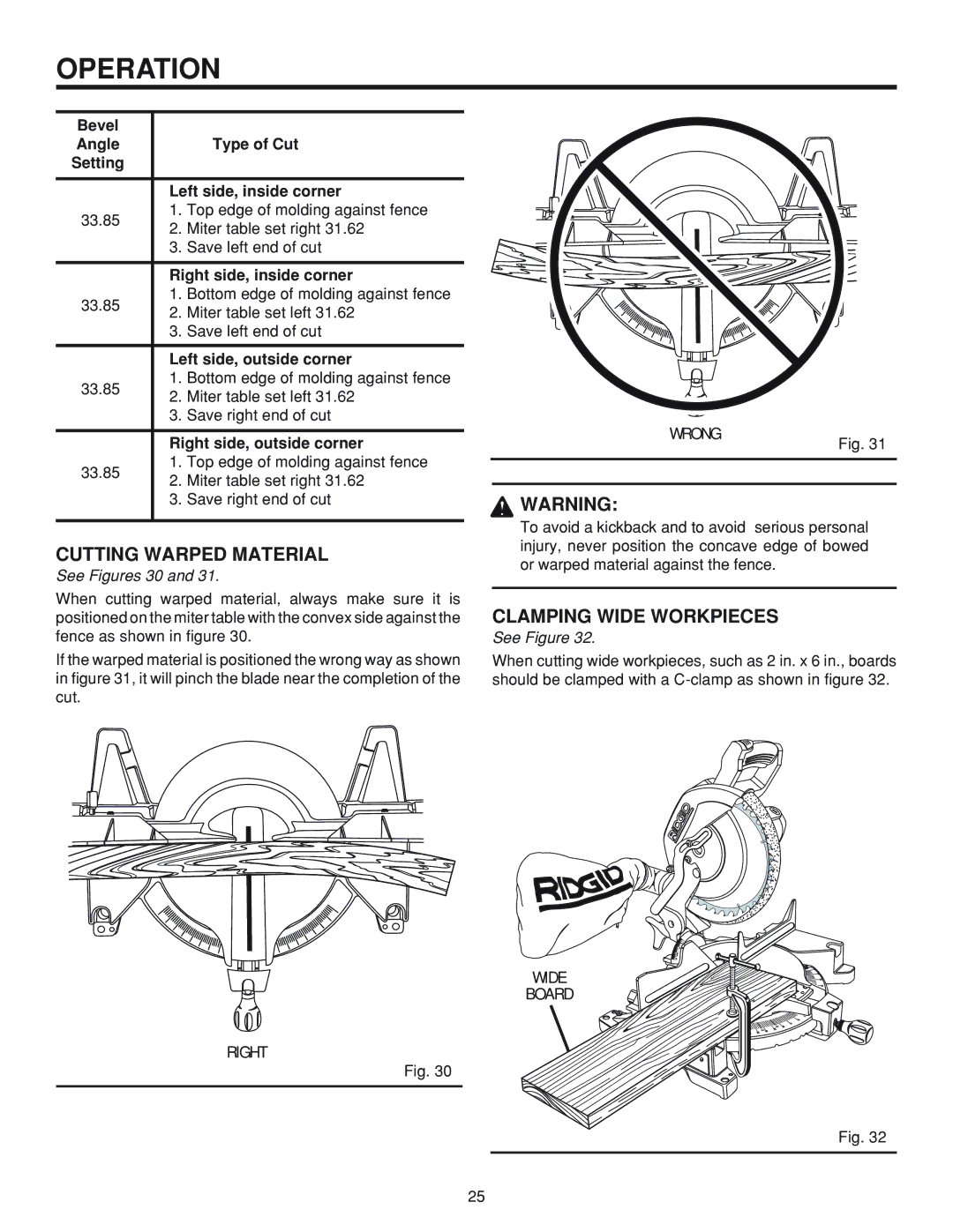 RIDGID MS 1065LZ manual Cutting Warped Material, Clamping Wide Workpieces, Wrong, Right, Wide Board 