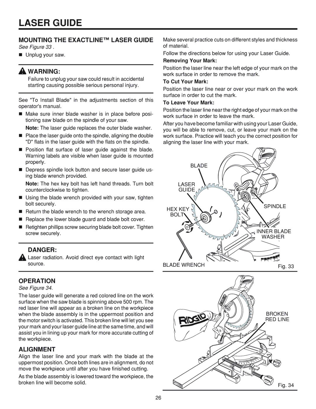 RIDGID MS 1065LZ manual Operation, Alignment, Blade Laser Guide, Broken RED Line 