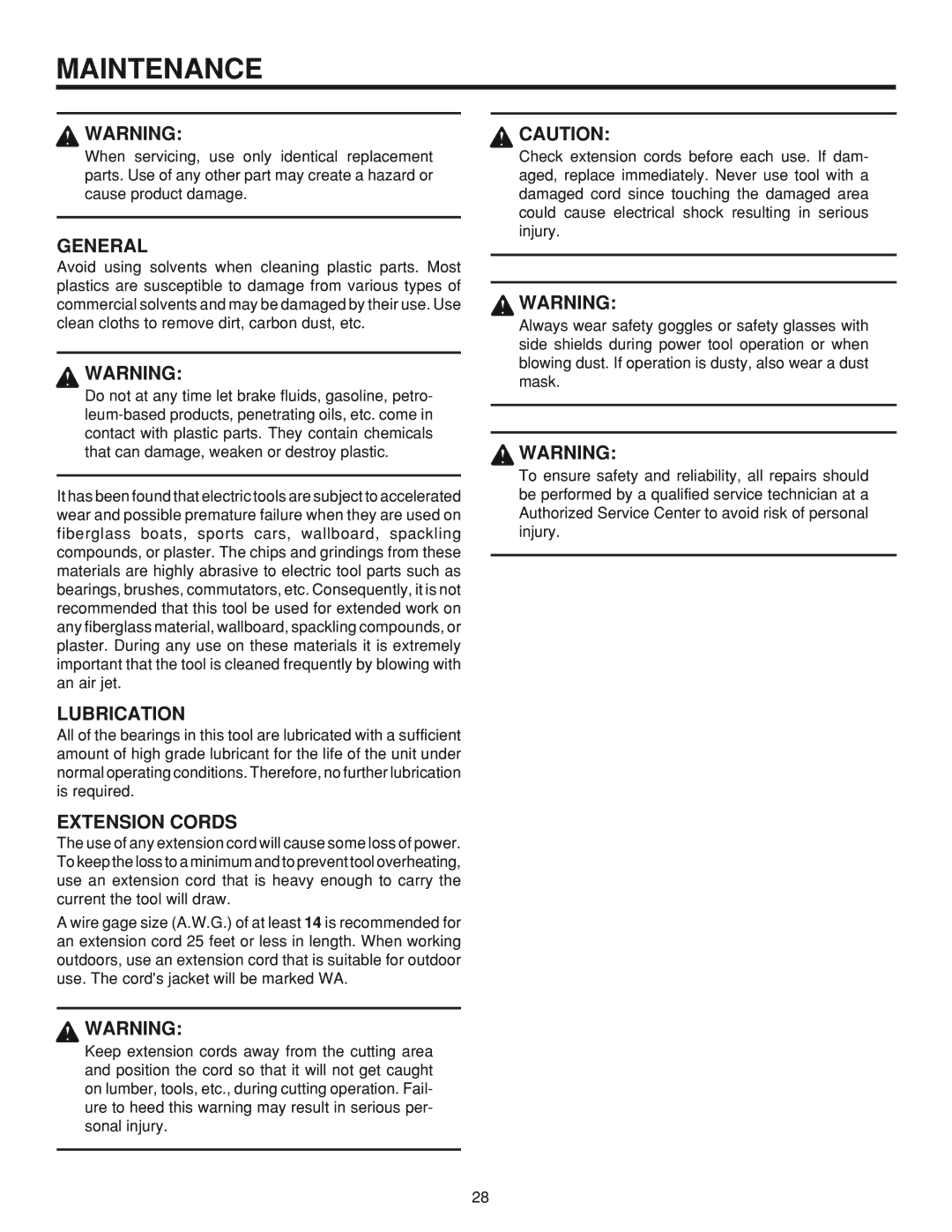 RIDGID MS 1065LZ manual Maintenance, General, Lubrication 