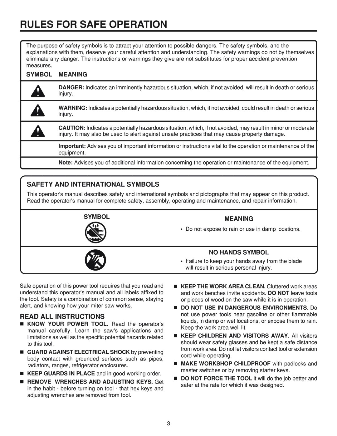 RIDGID MS 1065LZ manual Rules for Safe Operation, Safety and International Symbols, Read ALL Instructions 