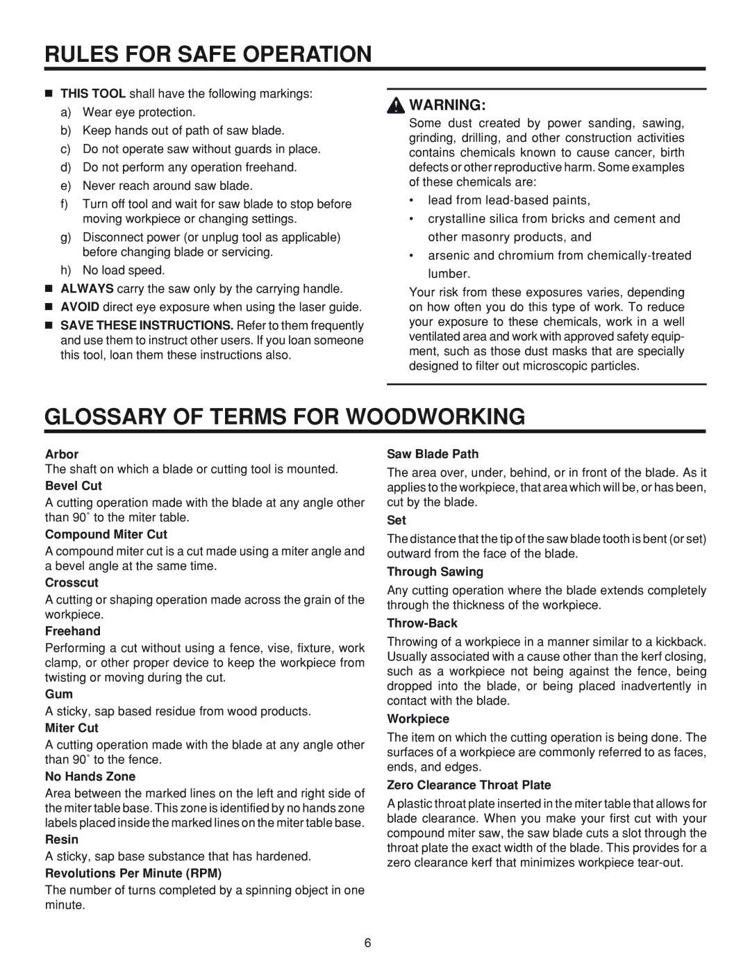 RIDGID MS 1065LZ manual Glossary of Terms for Woodworking 