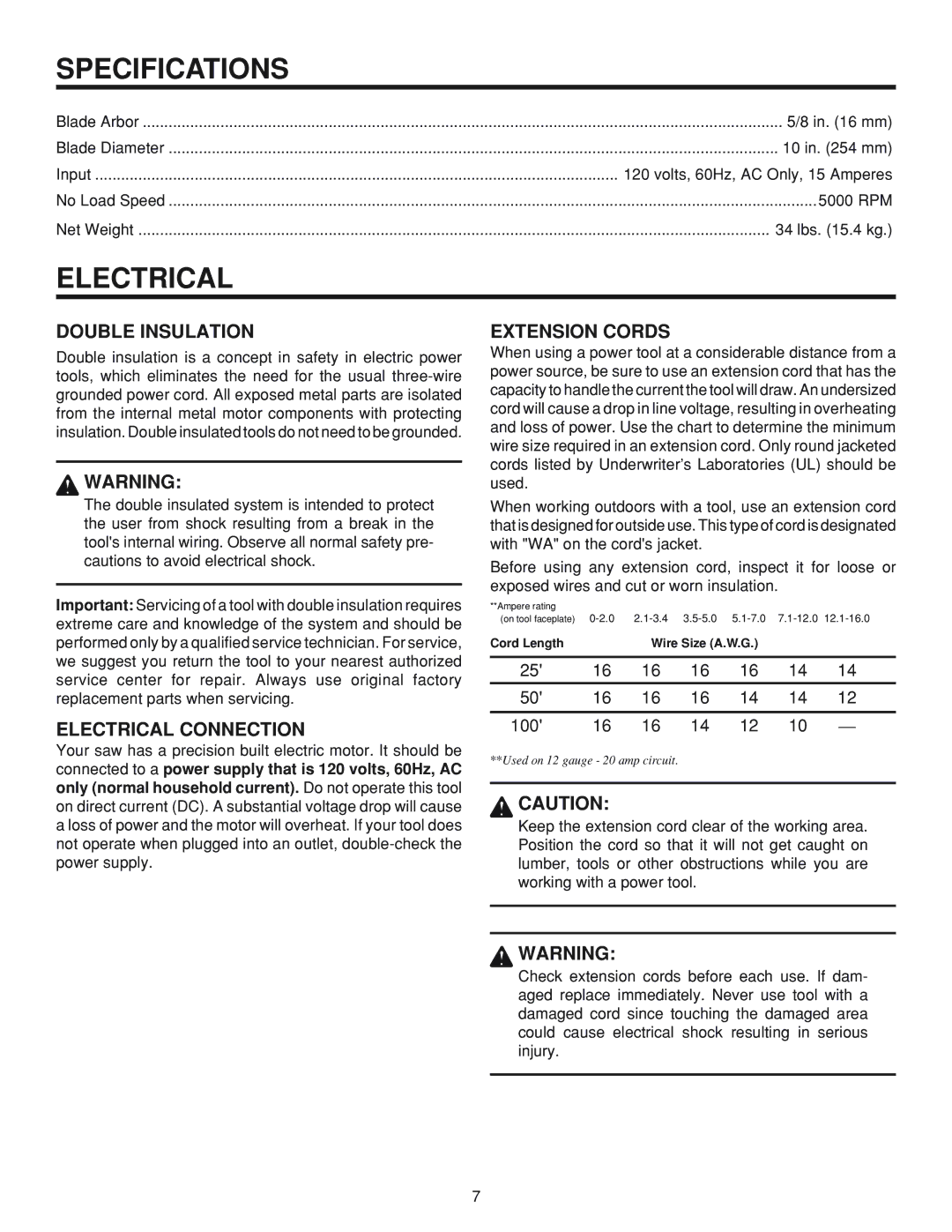 RIDGID MS 1065LZ manual Specifications, Double Insulation, Electrical Connection, Extension Cords 