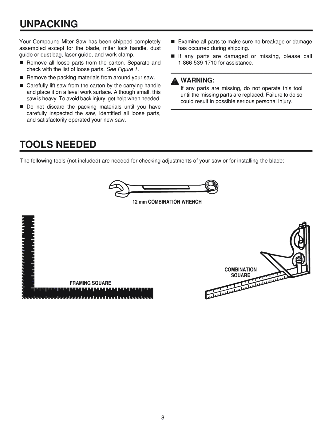 RIDGID MS 1065LZ manual Unpacking, Tools Needed, Mm Combination Wrench, Combination Square Framing Square 