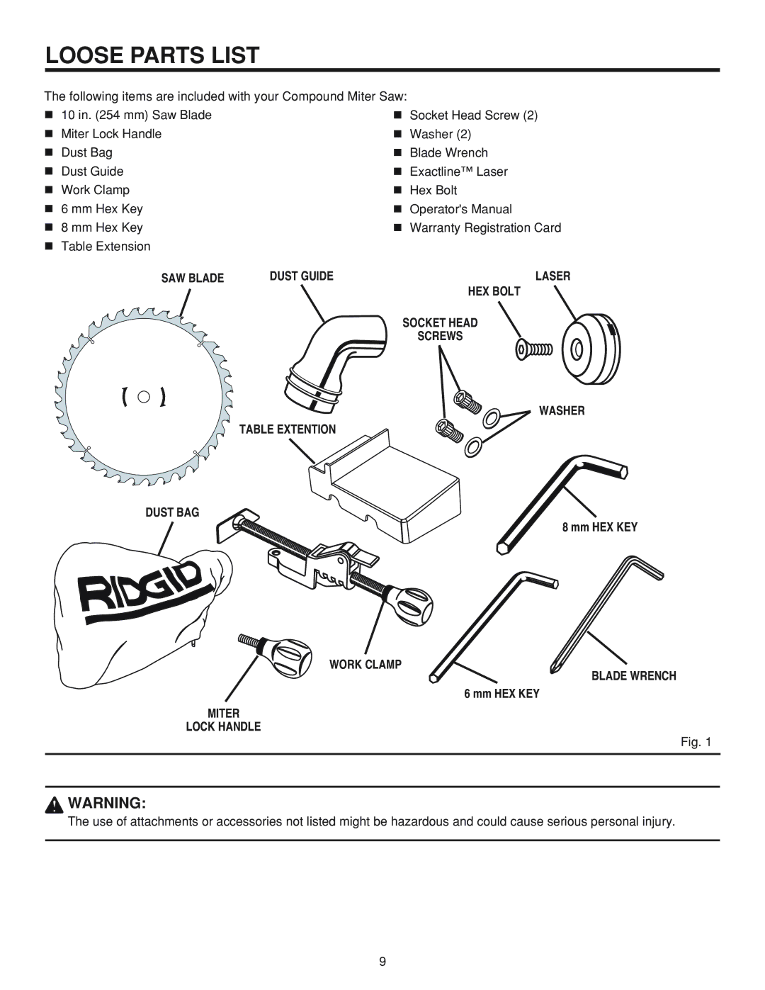 RIDGID MS 1065LZ manual Loose Parts List 