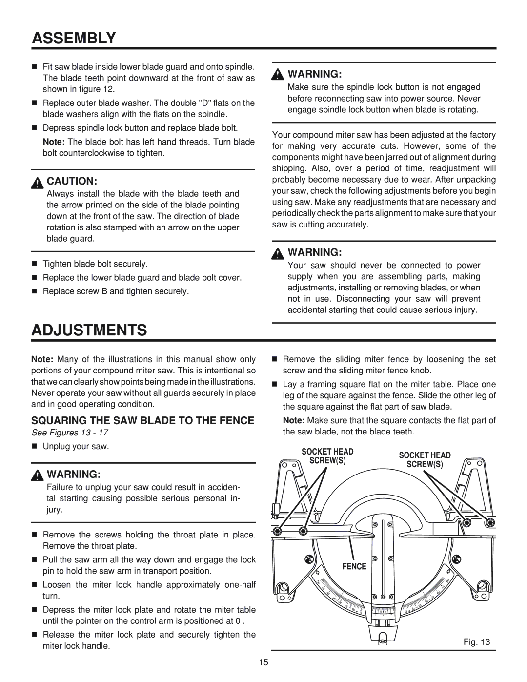 RIDGID MS1065LZ manual Adjustments, Squaring the SAW Blade to the Fence, See Figures 13, Socket Head Screws Fence 