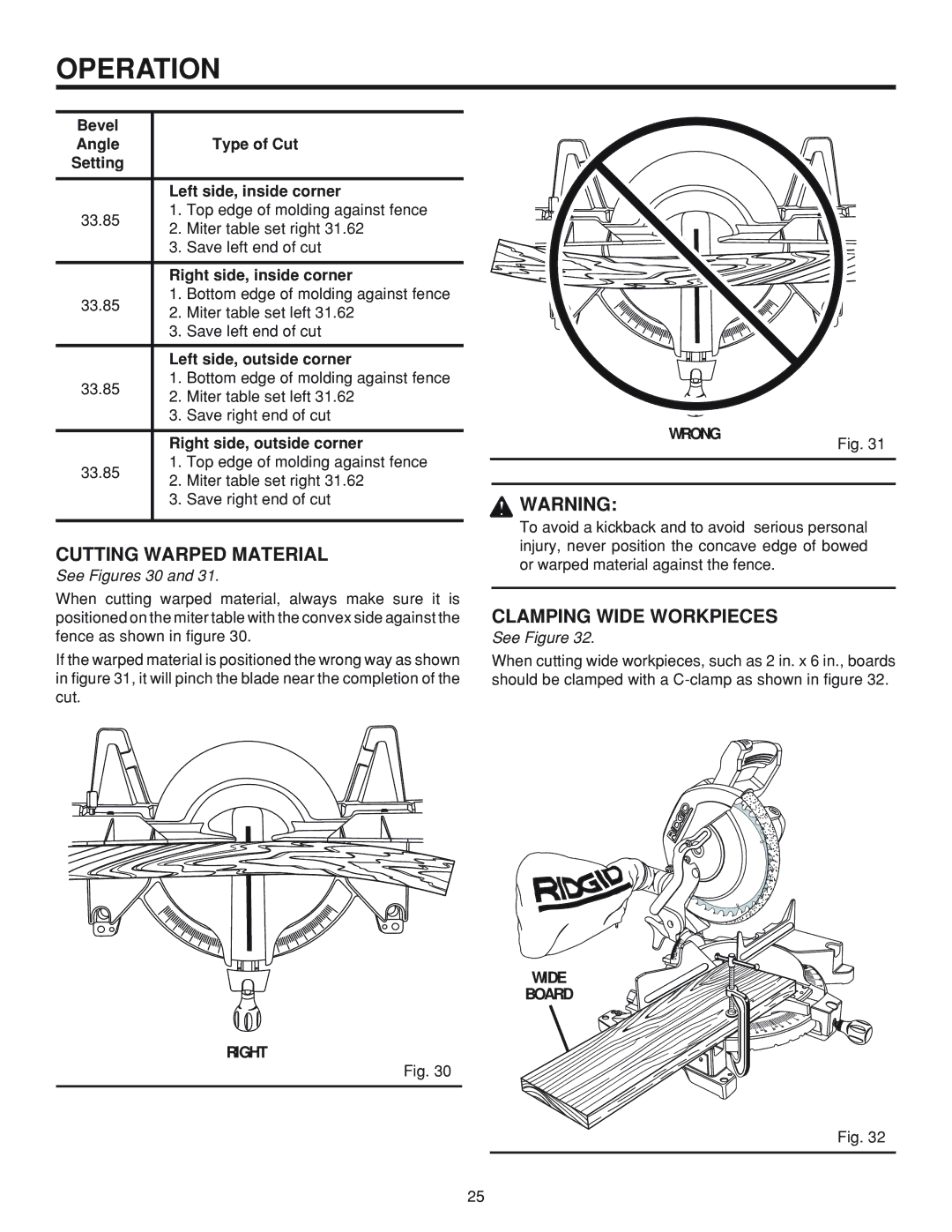 RIDGID MS1065LZ manual Cutting Warped Material, Clamping Wide Workpieces, Wrong, Right, Wide Board 