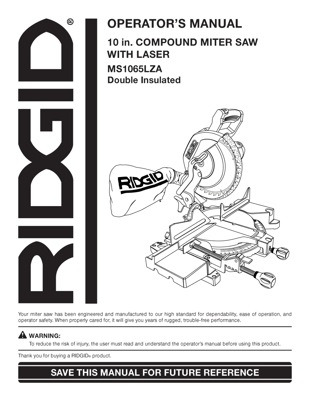 RIDGID MS1065LZA manual OPERATOR’S Manual 