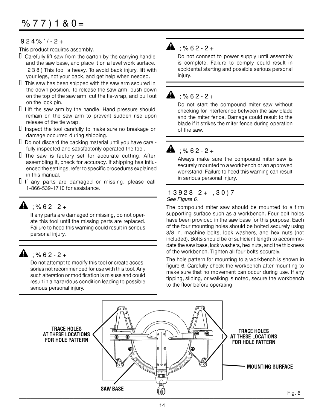 RIDGID MS1065LZA manual Assembly, Unpacking, Mounting Holes, Trace Holes AT These Locations For Hole Pattern SAW Base 