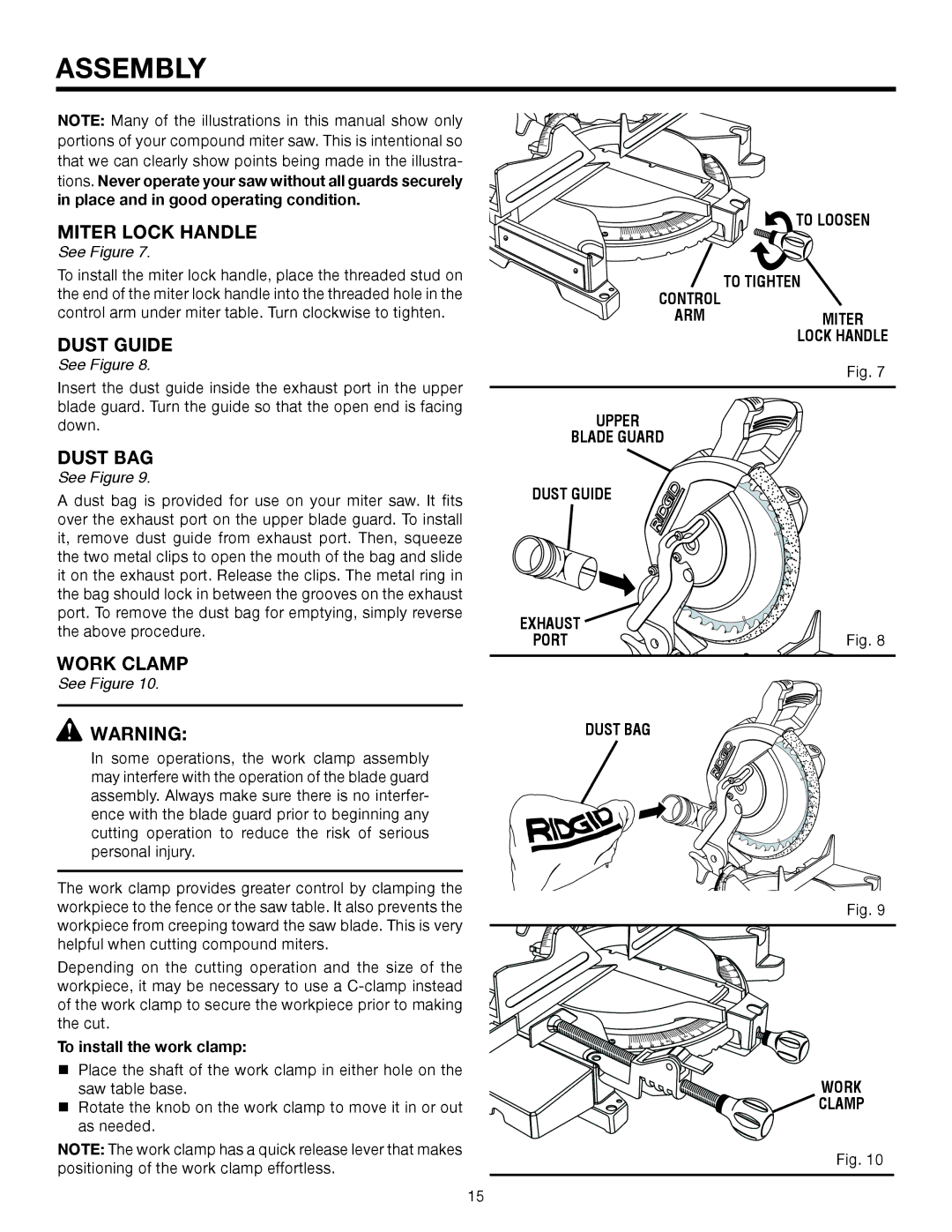 RIDGID MS1065LZA manual Dust Guide, Dust BAG Work Clamp 