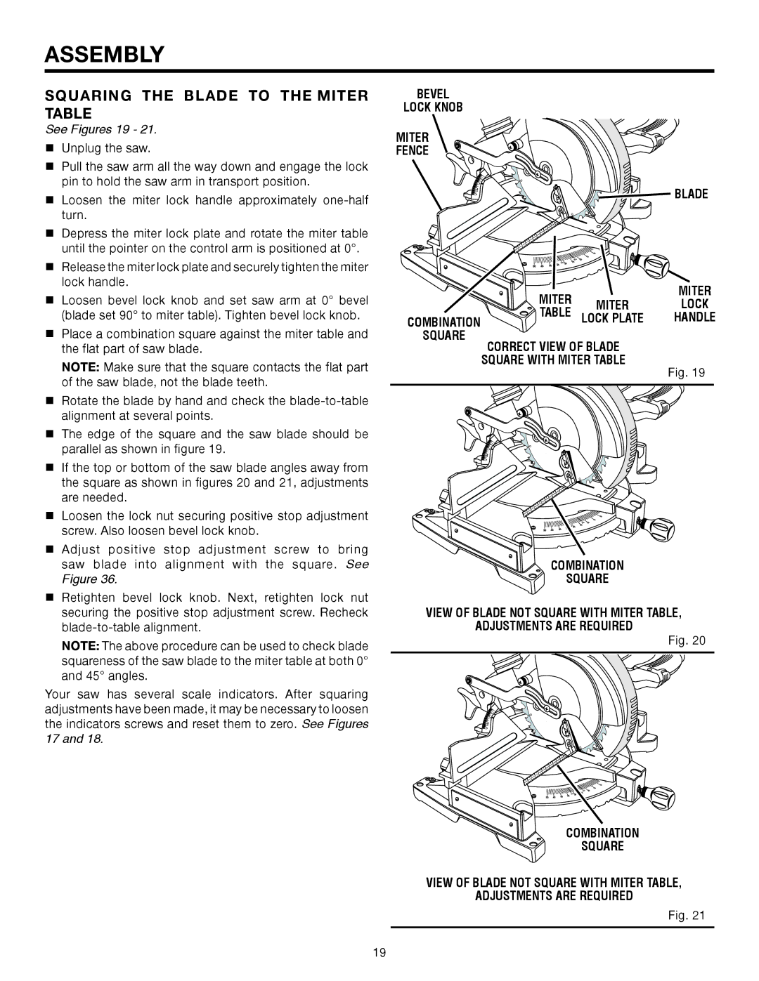 RIDGID MS1065LZA manual Squaring the Blade to the Miter Table, See Figures 19, Bevel Lock Knob Miter Fence Blade 