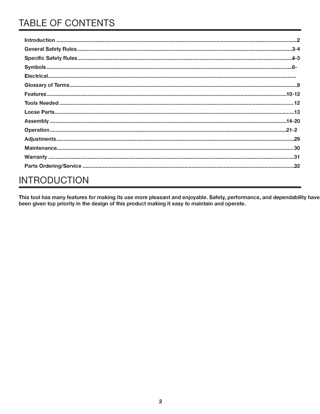 RIDGID MS1065LZA manual Table of Contents, Introduction 