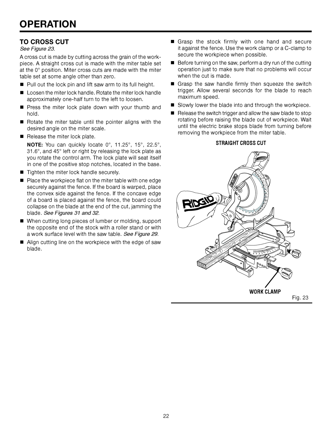 RIDGID MS1065LZA manual To Cross CUT, Straight Cross CUT Work Clamp 