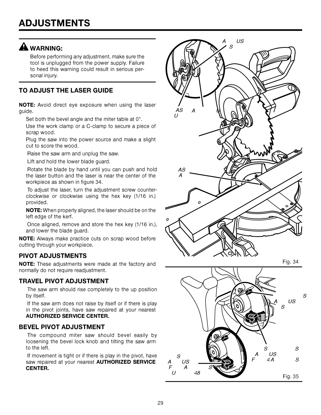 RIDGID MS1065LZA manual To Adjust the Laser Guide, Pivot Adjustments Travel Pivot Adjustment, Bevel Pivot Adjustment 