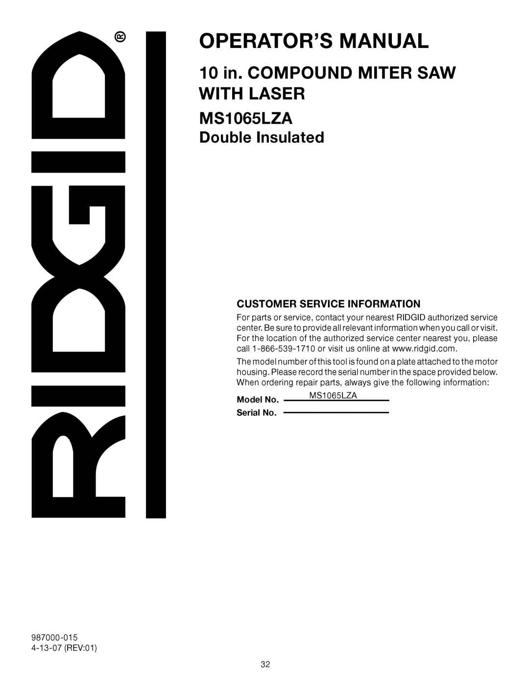 RIDGID MS1065LZA manual Customer Service Information 