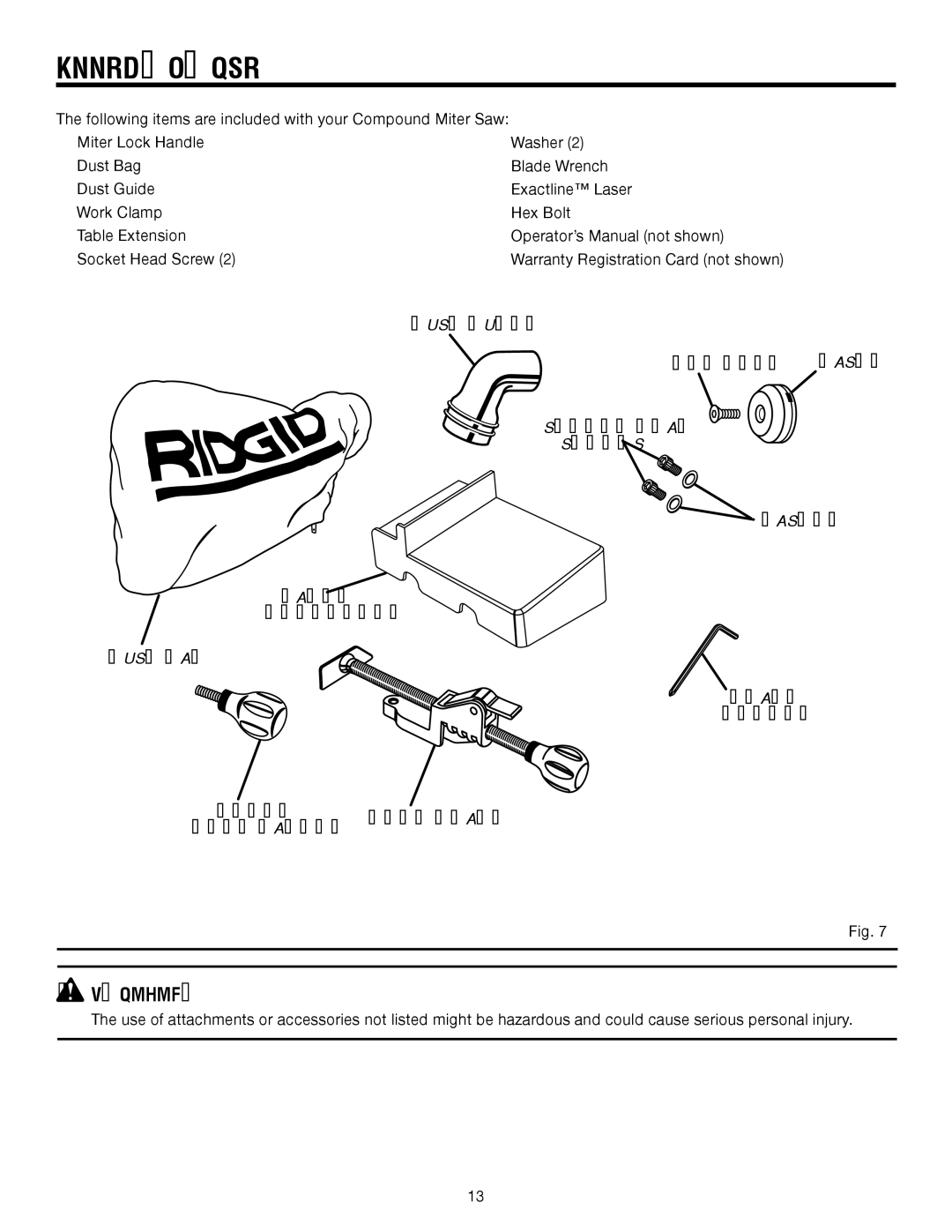 RIDGID MS1250LZ manual Loose Parts, Dust Guide HEX Bolt, Socket Head Screws Washer Extention Dust BAG Blade Wrench 