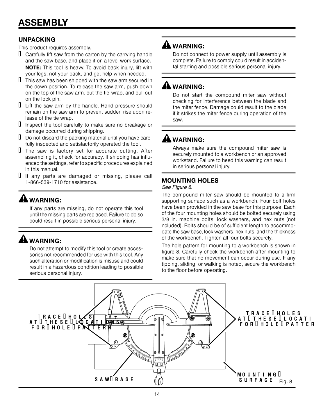 RIDGID MS1250LZ manual Assembly, Unpacking, Mounting Holes, Trace Holes AT These Locations For Hole Pattern SAW Base 