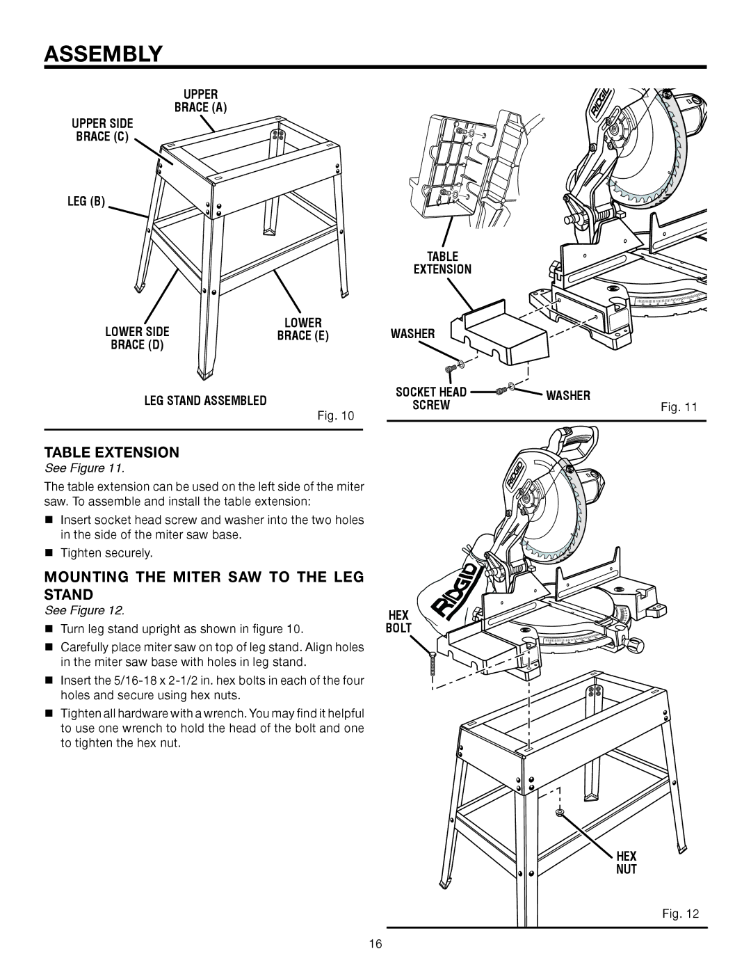 RIDGID MS1250LZ Table Extension, Mounting the Miter SAW to the LEG Stand, Upper Brace a Upper Side Brace C LEG B Extension 