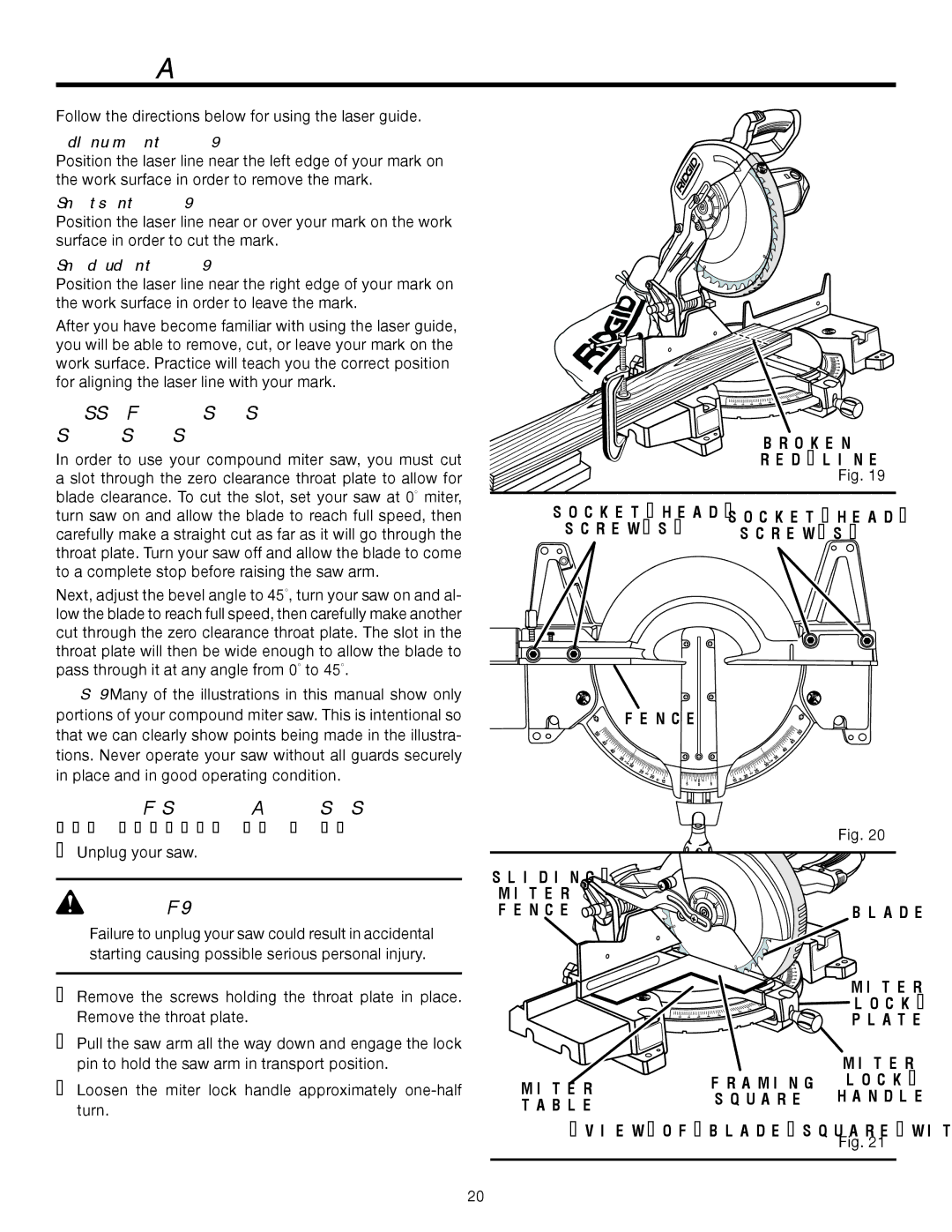 RIDGID MS1250LZ Cutting a Slot in the Zero Clearance Throat Plate, Squaring the SAW Blade to the Fence, See Figures 20 