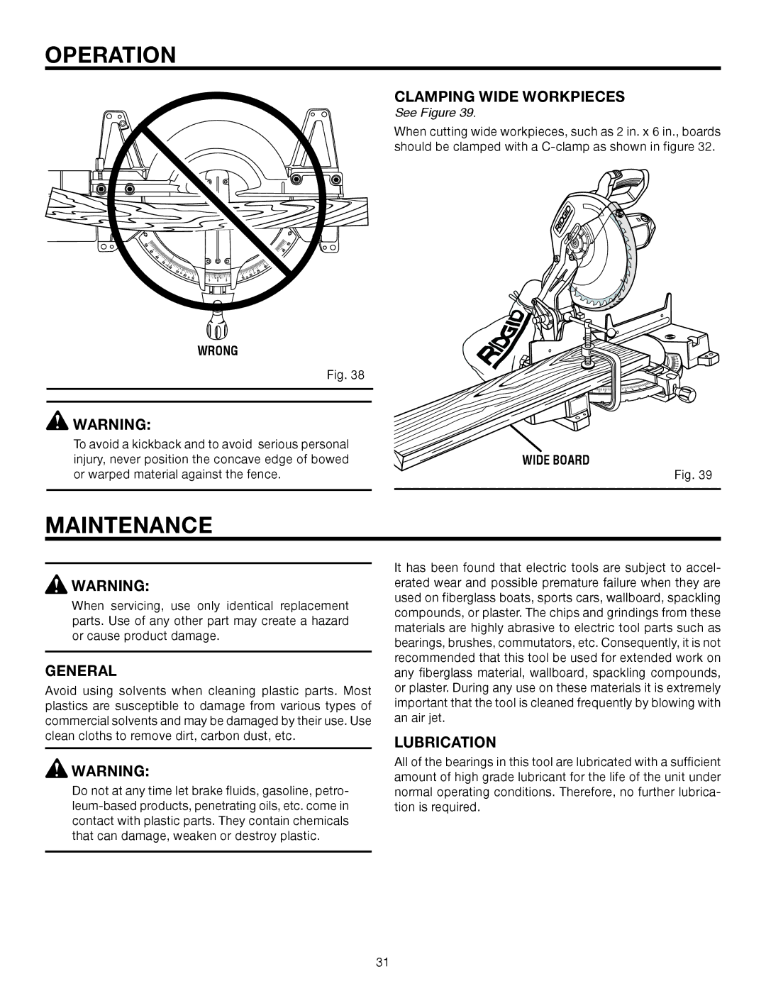 RIDGID MS1250LZ manual Maintenance, Clamping Wide Workpieces, General, Lubrication 