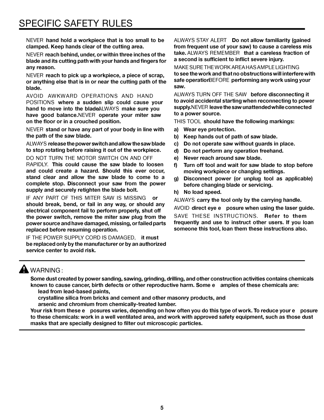 RIDGID MS1250LZ manual Specific Safety Rules 