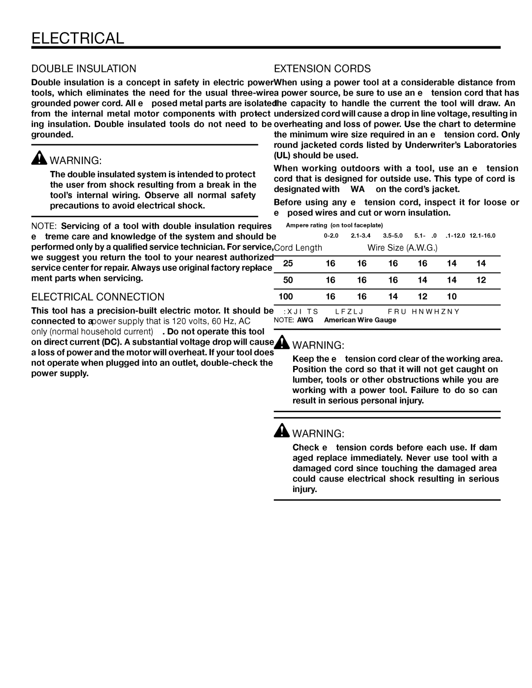 RIDGID MS1250LZ manual Double Insulation, Electrical Connection, Extension Cords, Cord Length Wire Size A.W.G 