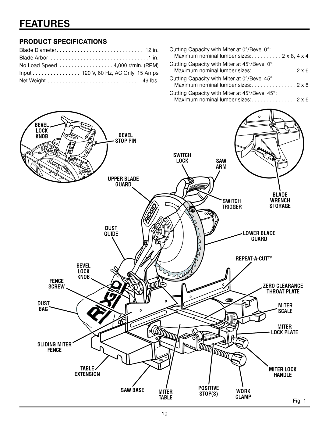 RIDGID MS1250LZ1 manual Features, Product Specifications, Miter 