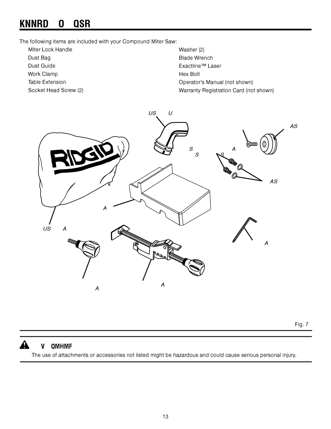 RIDGID MS1250LZ1 manual Loose Parts, Dust Guide HEX Bolt, Socket Head Screws Washer Extention Dust BAG Blade Wrench 