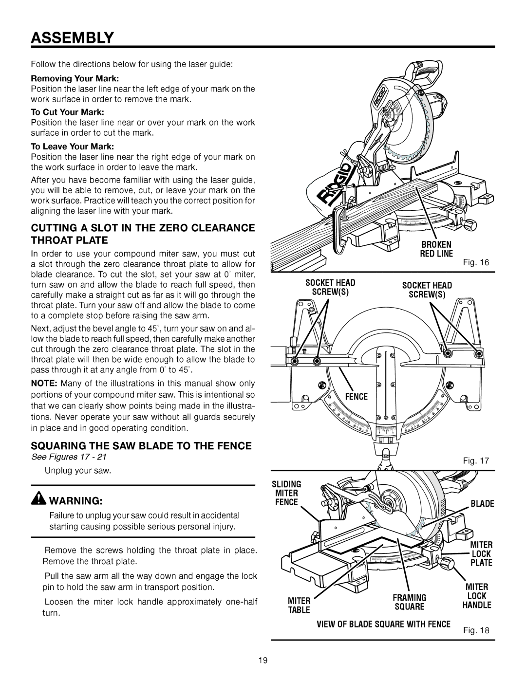 RIDGID MS1250LZ1 Cutting a Slot in the Zero Clearance Throat Plate, Squaring the SAW Blade to the Fence, See Figures 17 