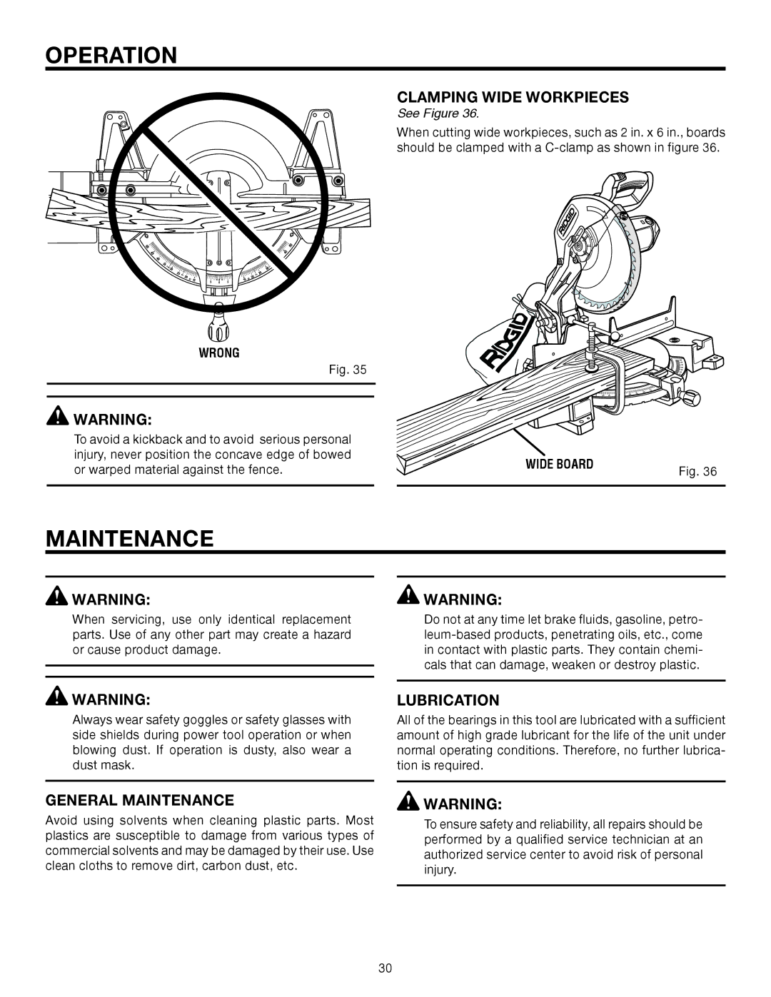 RIDGID MS1250LZ1 manual Clamping Wide Workpieces, Lubrication, General Maintenance 