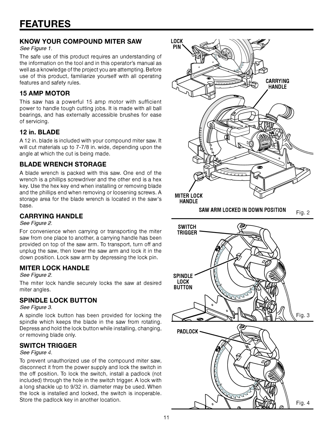 RIDGID MS1250LZA manual Know Your Compound Miter SAW, AMP Motor, Miter Lock Handle, Spindle Lock Button, Switch Trigger 