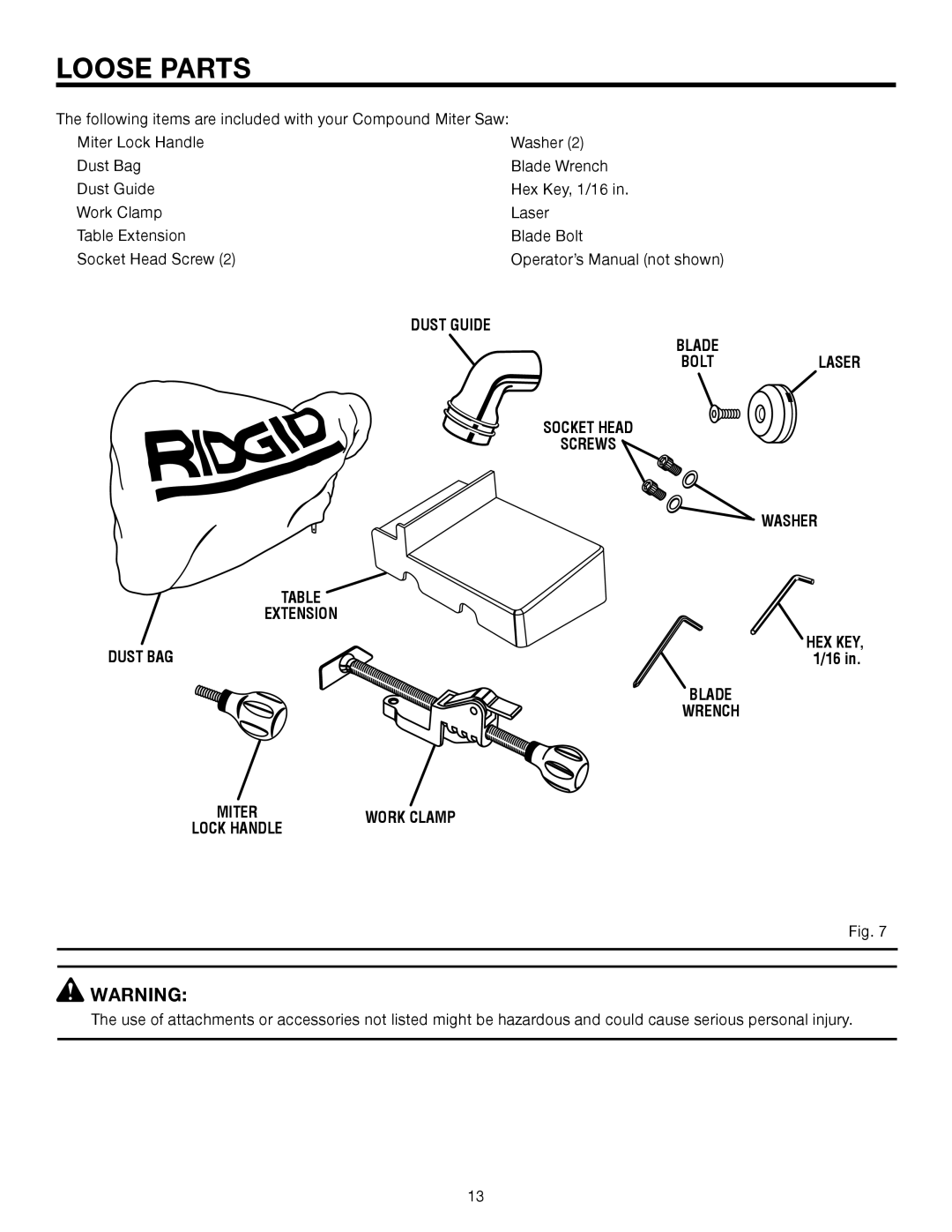 RIDGID MS1250LZA manual Loose Parts, Dust Guide, Socket Head Screws, Dust BAG, Blade Wrench 