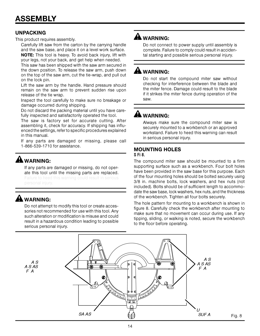 RIDGID MS1250LZA manual Assembly, Unpacking, Mounting Holes, Trace holes At these locations for hole patTern 