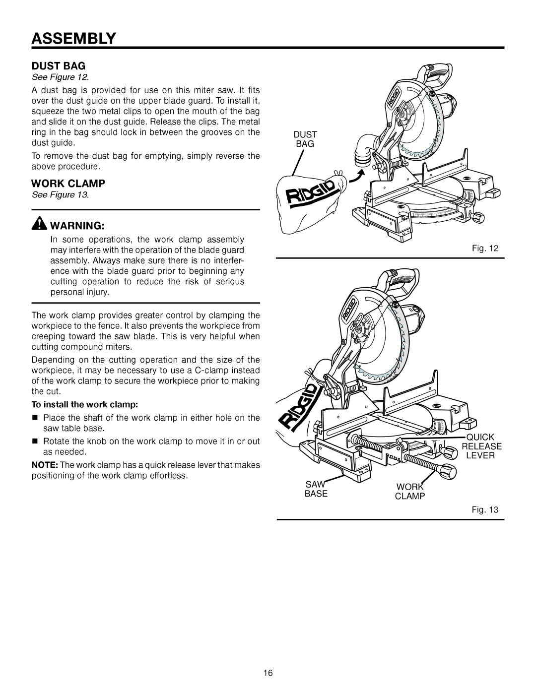 RIDGID MS1250LZA manual Dust BAG, Work Clamp, To install the work clamp, Dust Bag Quick, Saw Work BasE 