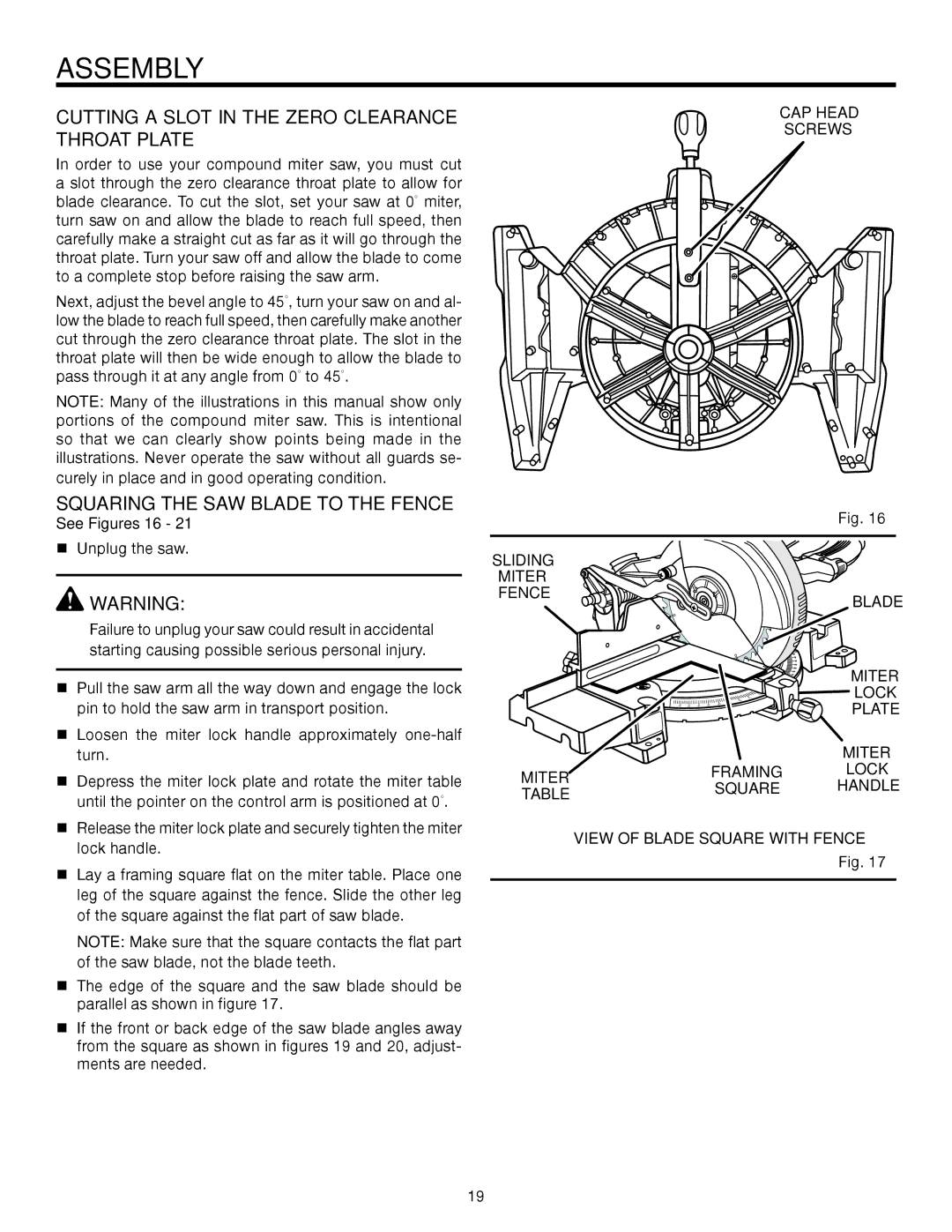 RIDGID MS1250LZA Cutting a Slot In The Zero Clearance Throat Plate, Squaring the SAW Blade to the Fence, See Figures 16 