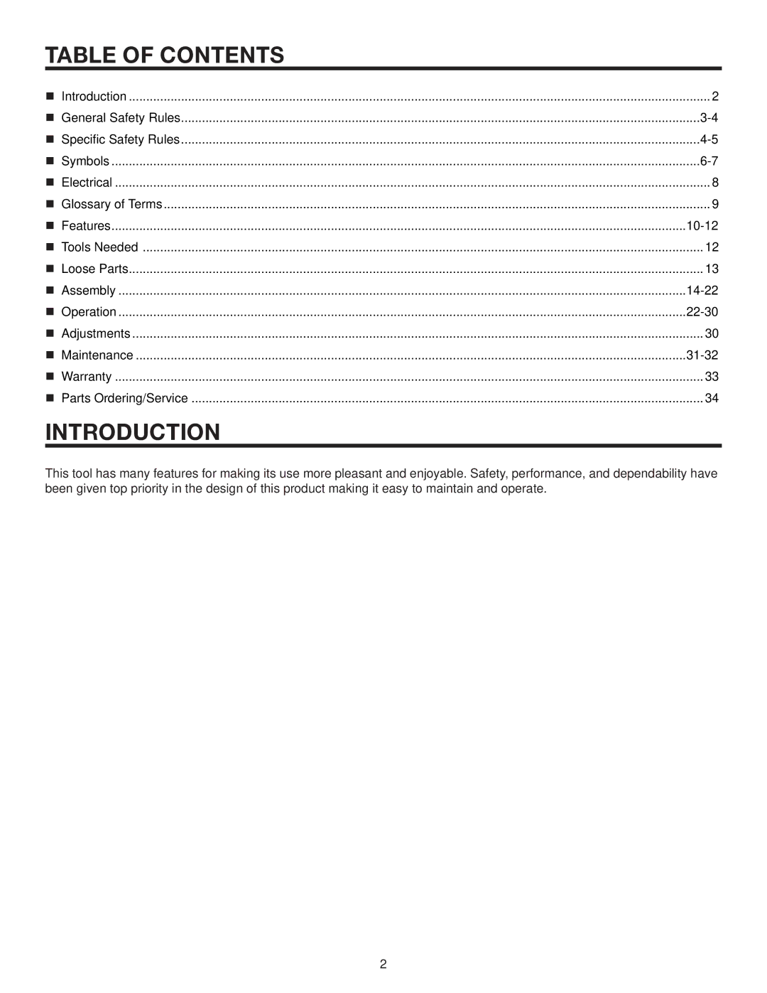 RIDGID MS1250LZA manual Table of Contents, Introduction 