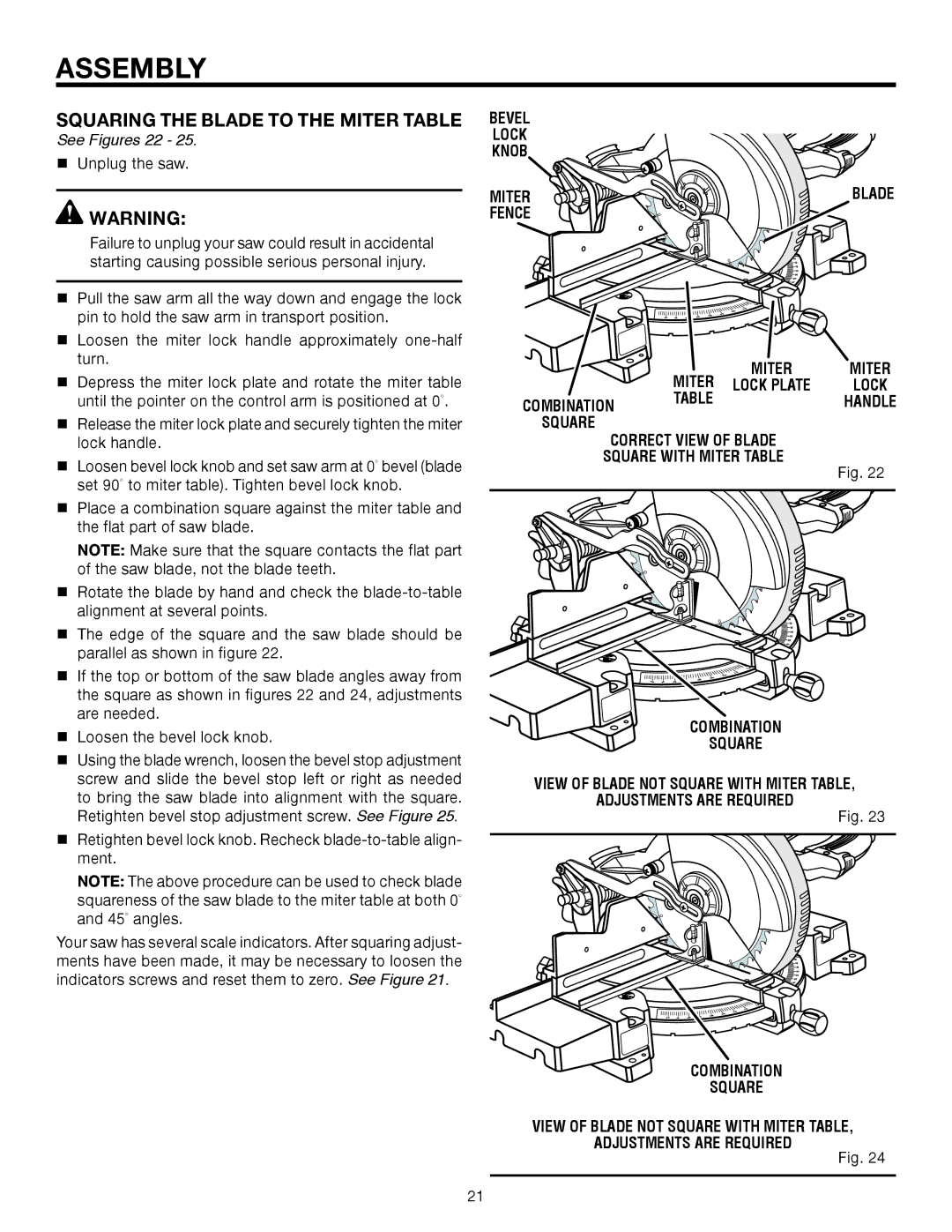 RIDGID MS1250LZA manual Squaring the Blade to the Miter Table, See Figures 22, Lock Knob, Square 