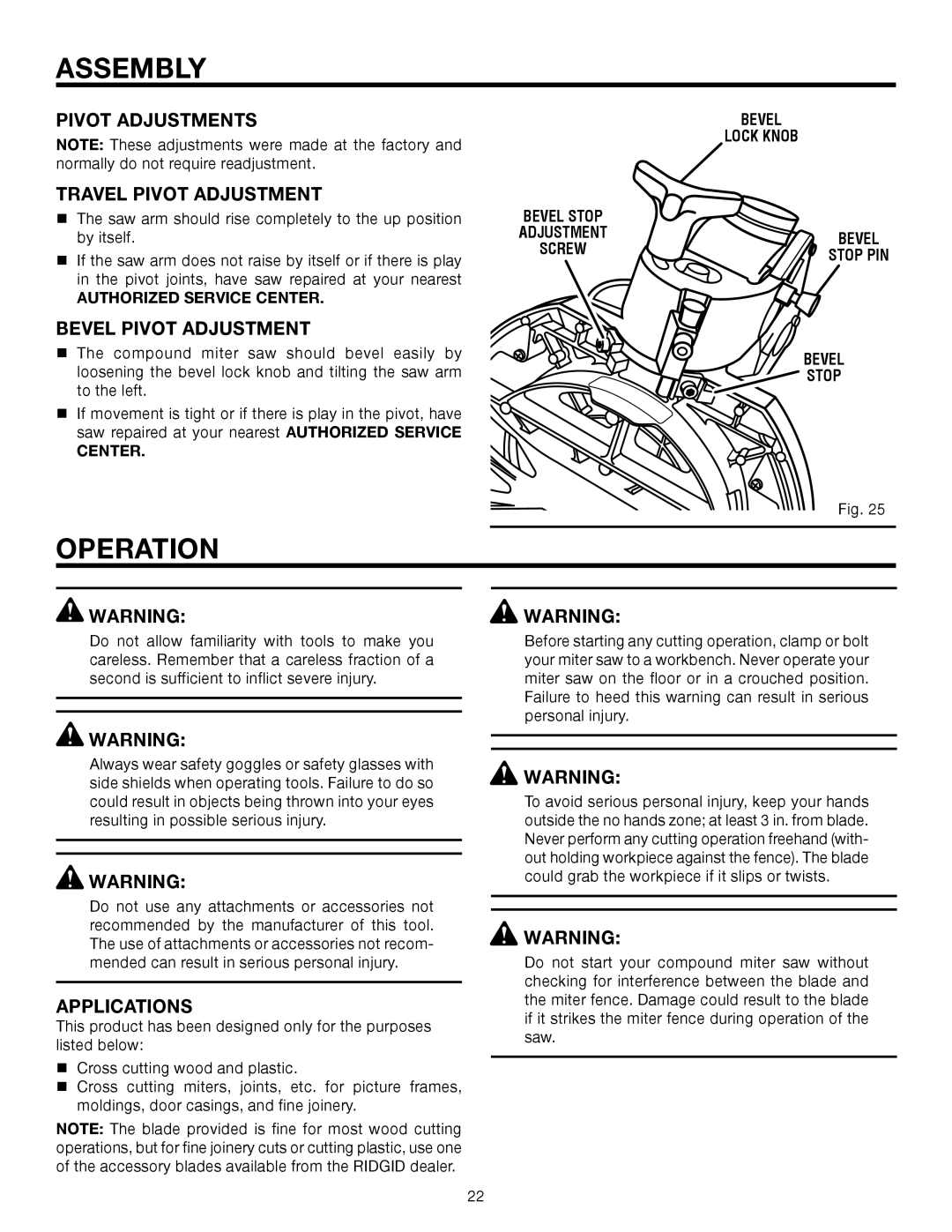 RIDGID MS1250LZA manual Operation, Pivot Adjustments Travel Pivot Adjustment, Bevel Pivot Adjustment, Applications 